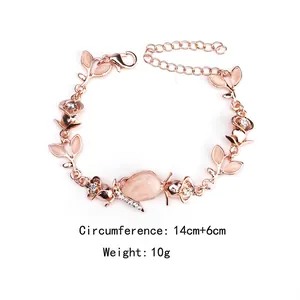Elegant rose gold bracelet for women with pink cat eye stone leaves and zircons