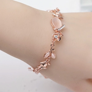 Elegant Rose Flower And Leaf Alloy Bracelet With Cat Eye Stone Zirconia Embellishment Adjustable Wrist Link For Women Jewelry