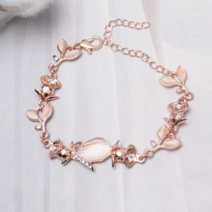 Rose gold leaf flower bracelet with cat eye stone and sparkling crystals for women