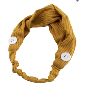 Ginger yellow ribbed knit headband with white buttons for face mask ear relief