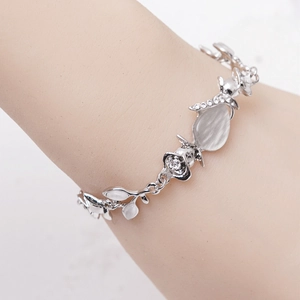 Rose and leaf bracelet with sparkling white cat eye stone and tiny rhinestones for women