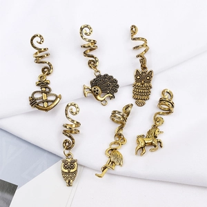 Detailed set of 6 vintage bronze alloy dreadlock charms featuring owl and anchor designs