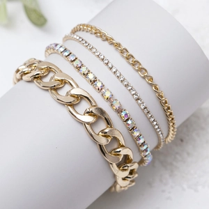Mode 4er Set Goldarmbänder mit Panzerkette und funkelnden Strass Tennisarmbändern