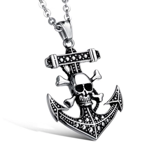 Vintage Punk Alloy Anchor Skull Pendant Necklace For Men Gothic Nautical Style Antique Silver Cross Chain Jewelry