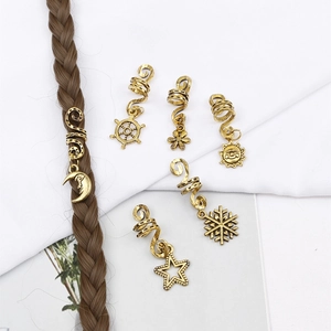 Vintage gold spiral hair rings set with moon star and sun charms for hip-hop braids