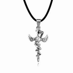 Gothic punk eagle wing pendant necklace with silver stainless steel chain and clear crystal
