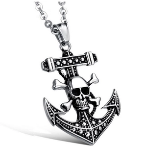 Vintage gothic skull and anchor pendant necklace for men with durable metal chain link