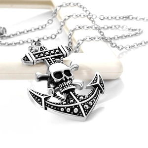 Vintage pirate skull anchor pendant necklace in silver and black stainless steel