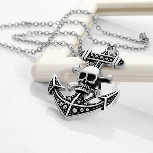 Gothic punk anchor necklace with 3D skull pendant on stainless steel chain for men