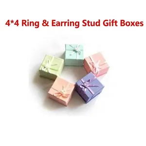 Colorful 4x4cm cardboard jewelry gift boxes with ribbon bows for rings and earrings