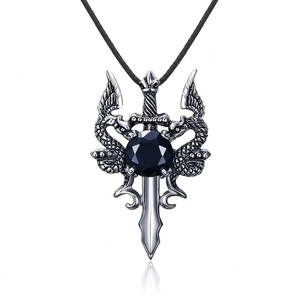 Gothic dragon sword necklace with black gemstone pendant on clean white background