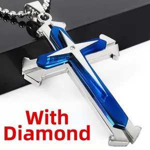 Close-up of three-layer cross pendant with blue accents and sparkling rhinestone