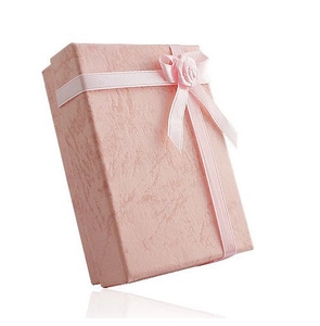 Rectangle pink jewelry gift box with textured finish and decorative rose ribbon bow