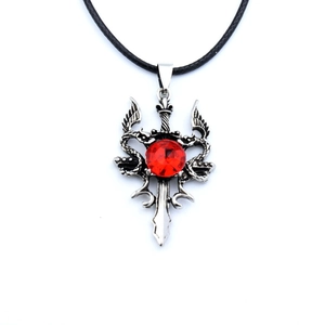 Gothic dragon sword necklace with red gemstone and silver wings on black cord