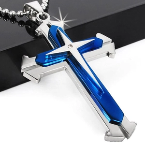 Three-layer blue and silver stainless steel cross pendant necklace with crystal for men