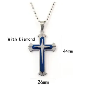 Men's triple-layer cross necklace with blue inlay and center rhinestone accent