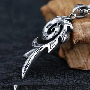 Retro stainless steel spiral pendant necklace with feather-style engraving for men