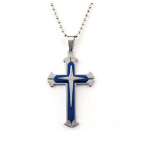 Three-layer silver and blue cross pendant necklace with zircon on bead chain
