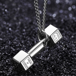 Polished silver dumbbell pendant necklace with Phil 4:13 engraving for fitness motivation