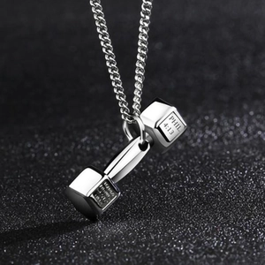 Polished silver dumbbell necklace for fitness with Phil 4:13 engraving and cross chain