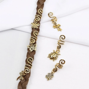 Golden spiral hair clips with butterfly and dragonfly charms for dreadlock styling