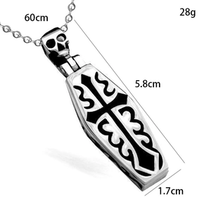 Collar gótico con colgante de ataúd y cruz con calavera en cadena de bolas plateada