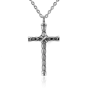 Vintage silver stainless steel cross pendant necklace with intricate woven texture details