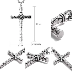 Detail view of gothic cross pendant showing 5.3cm height and intricate woven texture