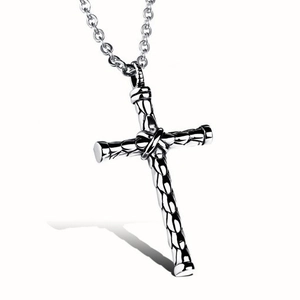 Men's cool silver cross pendant necklace with woven texture on a stainless steel chain
