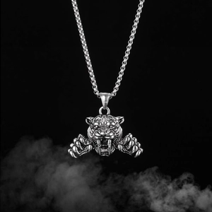 Collier avec pendentif tête de tigre hip hop pour homme en acier argenté vintage