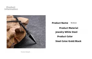 Macro detail of a black spearhead pendant necklace with measurements and size specifications