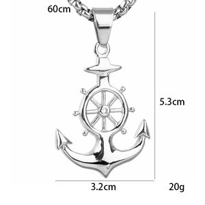 Collier avec pendentif ancre et gouvernail en acier inoxydable argenté poli et chaîne de 60 cm