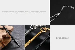 Detailed views of kunai pendant necklace in black, gold and silver finish options