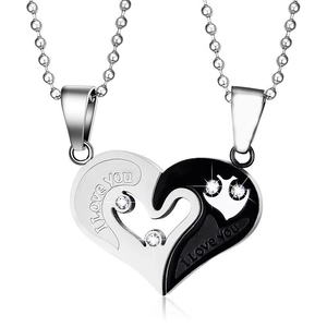 Couples heart pendant necklace set with I Love You engraving and sparkling crystals