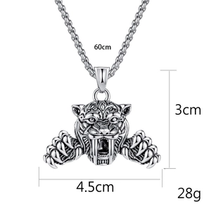 Collier homme en acier inoxydable avec pendentif tigre à dents de sabre et mesures