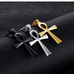 Polished stainless steel Ankh cross necklaces in gold, silver and black finishes