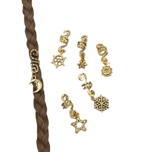6-piece gold alloy hair cuffs set with moon and sun charms for bohemian braid styling