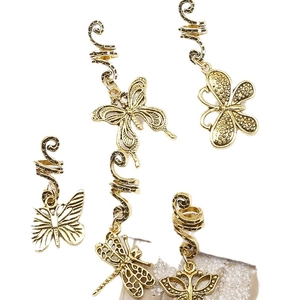 Golden alloy spiral hair clips with butterfly and dragonfly charms for dreadlocks