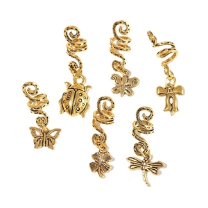 Set of 6 gold spiral hair rings with butterfly and dragonfly charms for dreadlock braids