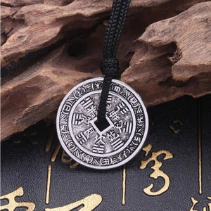 Vintage Antique Silver Metal Bagua Zodiac Coin Pendant Necklace With Adjustable Black Rope Chain Ethnic Style Amulet Jewelry