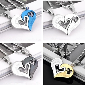 Fashion Alloy Rhinestone Heart Puzzle Couple Necklace I Love You Letter Engraving Pendant Necklaces For Women Men Jewelry