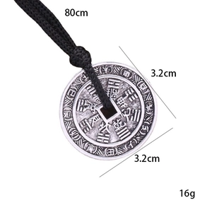 Vintage silver coin necklace with Bagua symbols and 3.2cm pendant on 80cm black cord