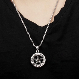 Silver tire gear pendant necklace with star and Roman numerals for men on black shirt
