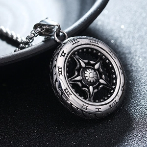 Vintage tire-shaped titanium steel necklace with Roman numerals and sunburst relief