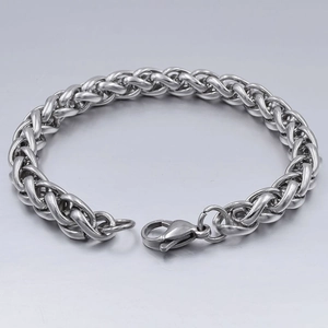 Bracelet en acier titane argenté pour homme avec chaîne blé et fermoir mousqueton