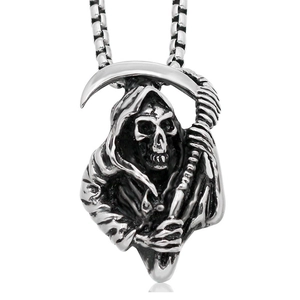 Detailed view of vintage steel Grim Reaper pendant with scythe on square box chain