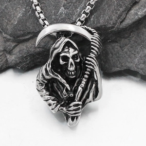 Gothic Grim Reaper Pendant Necklace Stainless Steel Retro Punk Skeleton Scythe Charm Box Chain Men Women Halloween Gift