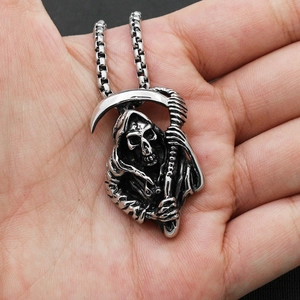 Retro titanium steel Grim Reaper scythe pendant necklace with vintage silver box chain