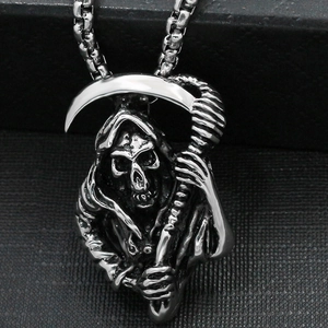 Gothic silver grim reaper reaper pendant with vintage stainless steel box chain for men