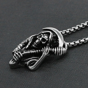 Gothic Grim Reaper pendant necklace in vintage titanium steel with a square box chain